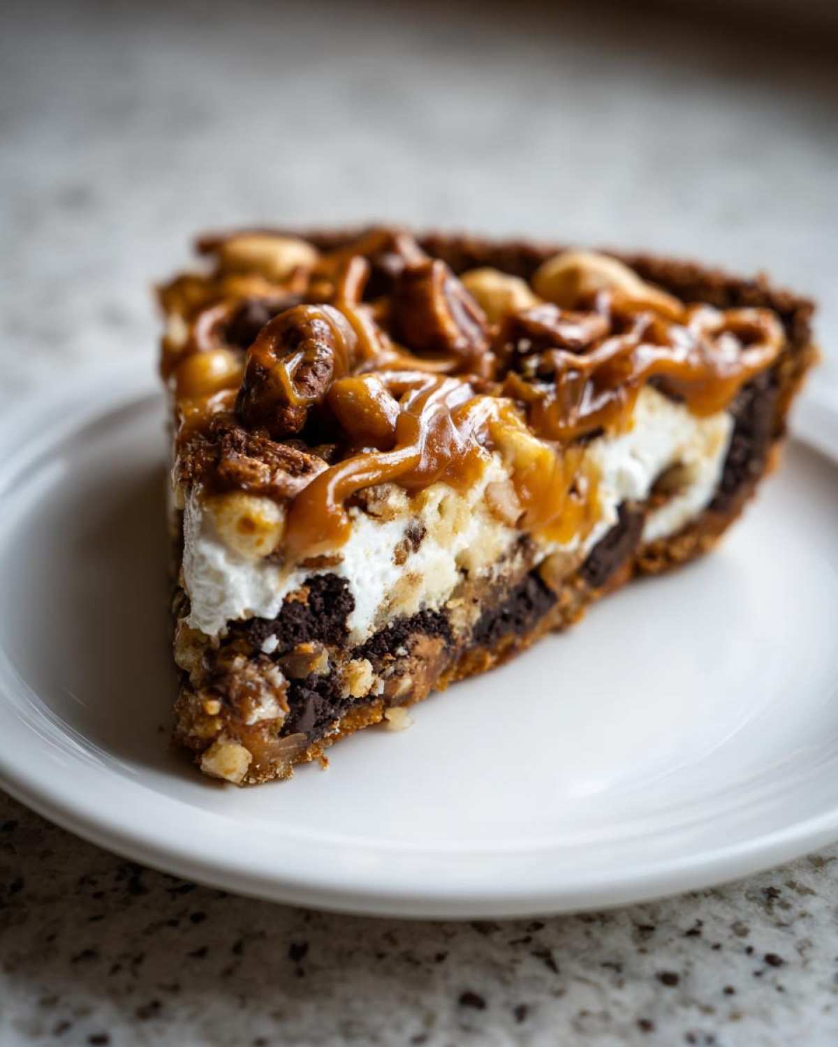 Close-up of a rich slice of texas trash pie featuring layers of crust, creamy filling, nuts, and drizzled caramel.