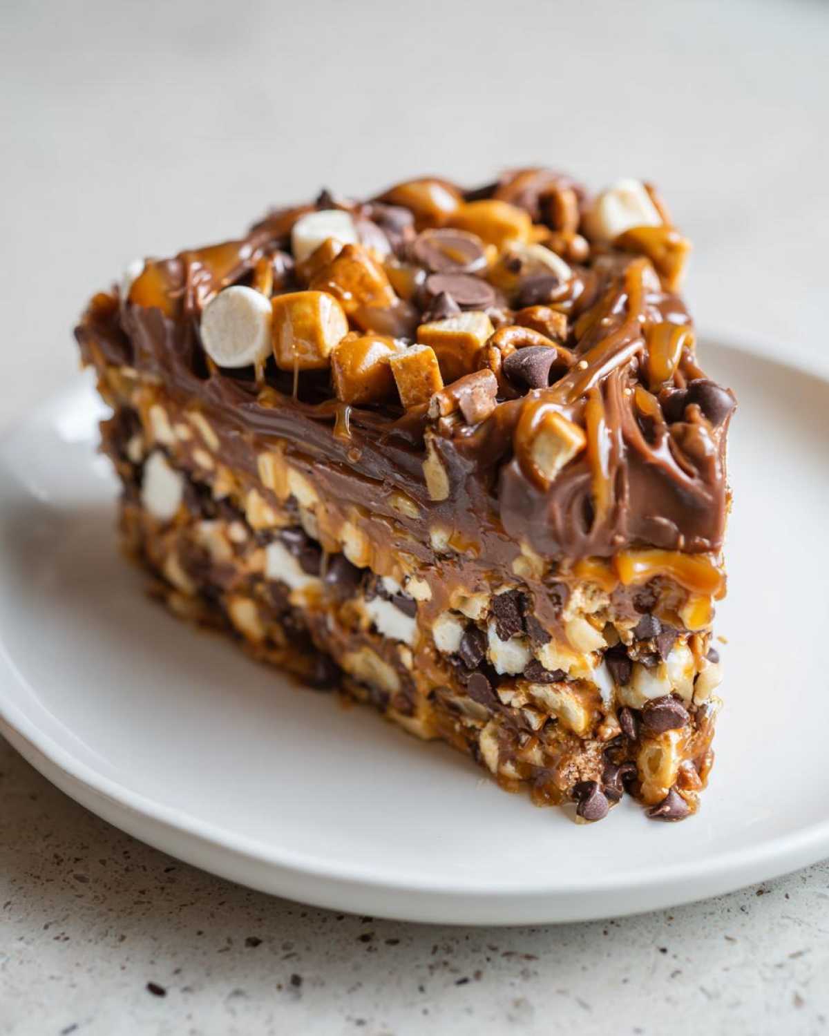 A decadent slice of texas trash pie loaded with chocolate chips, caramel, marshmallows, and nuts.