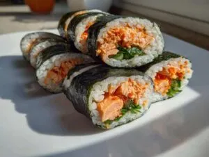Close-up of several slices of homemade tuna kimbap, showing rice, spicy tuna filling, and greens wrapped in nori.