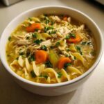 A close-up of a white bowl filled with rich slow cooker chicken noodle soup, featuring shredded chicken, egg noodles, carrots, and parsley.