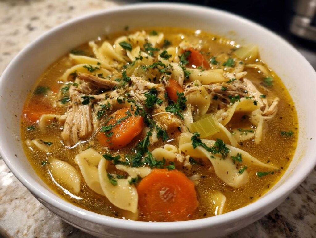 Close-up of a white bowl filled with rich broth, shredded chicken, egg noodles, carrots, and celery from the slow cooker chicken noodle soup.