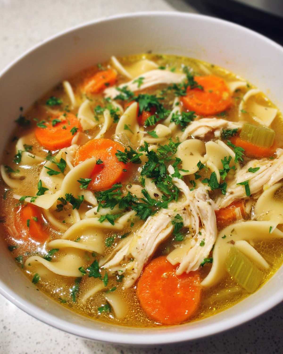 Close-up of a white bowl filled with rich broth, egg noodles, shredded chicken, carrots, and parsley in slow cooker chicken noodle soup.