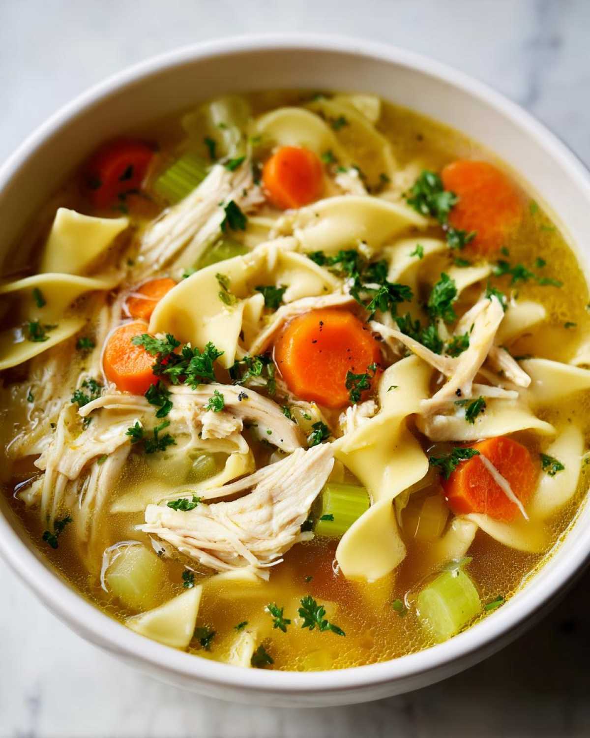A close-up view of a white bowl filled with rich broth, shredded chicken, egg noodles, and sliced carrots from the slow cooker chicken noodle soup.