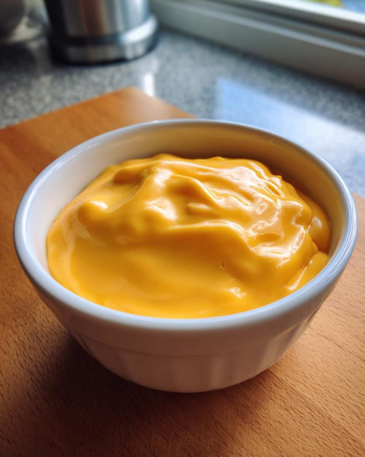 A small white bowl filled with smooth, bright orange cottage cheese queso dip, sitting on a wooden surface.