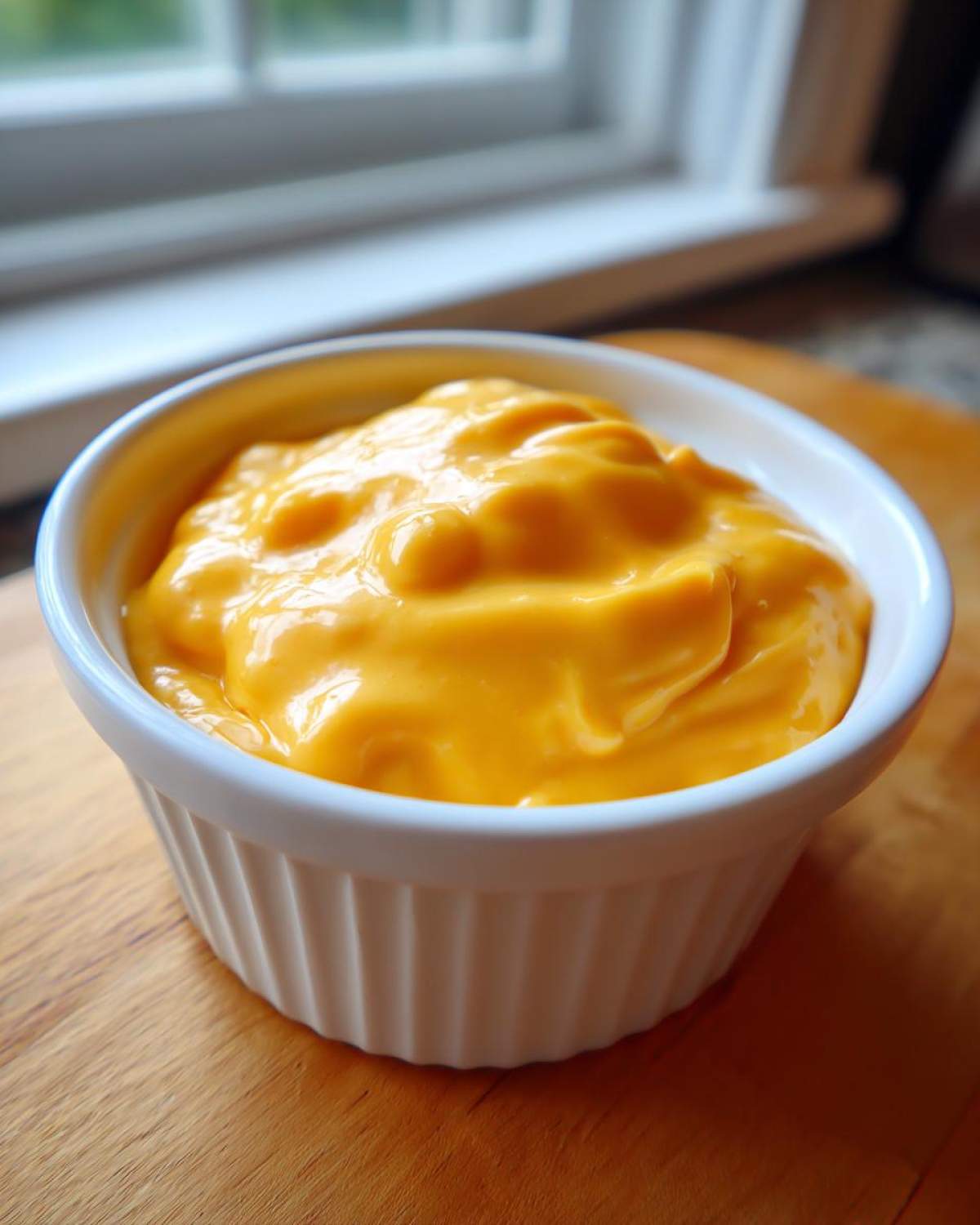 A small white ramekin filled with smooth, bright orange cottage cheese queso dip, set on a wooden surface.