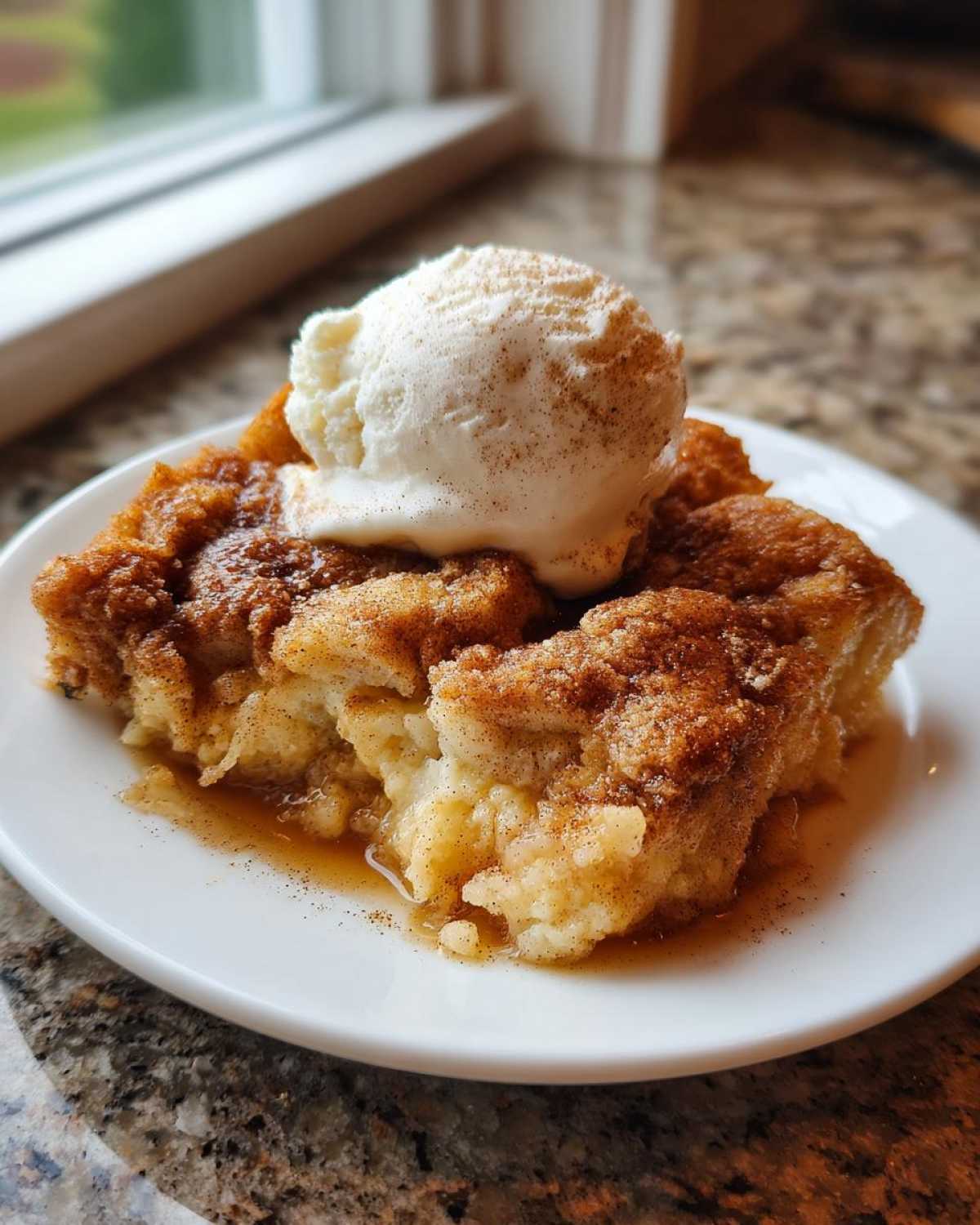 A warm serving of snickerdoodle cobbler topped with a scoop of vanilla ice cream and cinnamon.