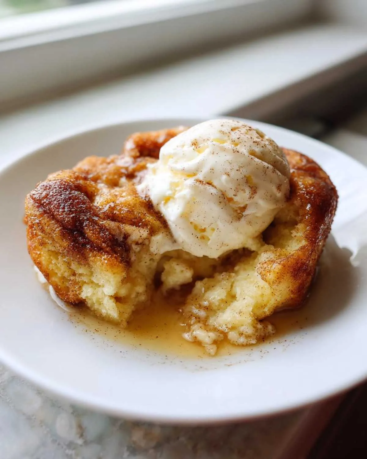 A warm serving of snickerdoodle cobbler topped with melting vanilla ice cream and cinnamon sugar.