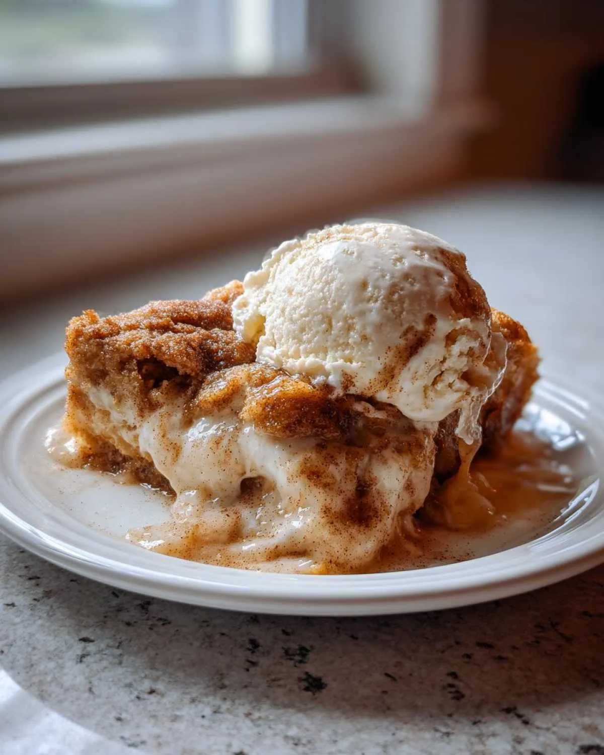 A warm slice of snickerdoodle cobbler topped with melting vanilla ice cream and cinnamon sugar.