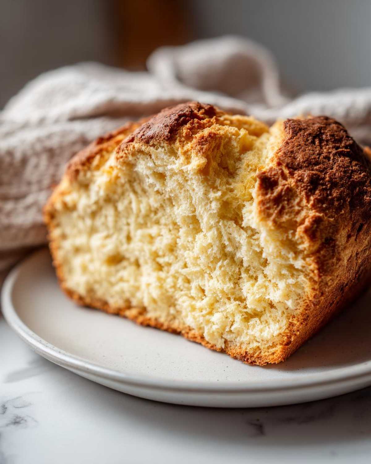 Close-up of a freshly baked soda bread slice showing its soft, fluffy interior and golden-brown crust.