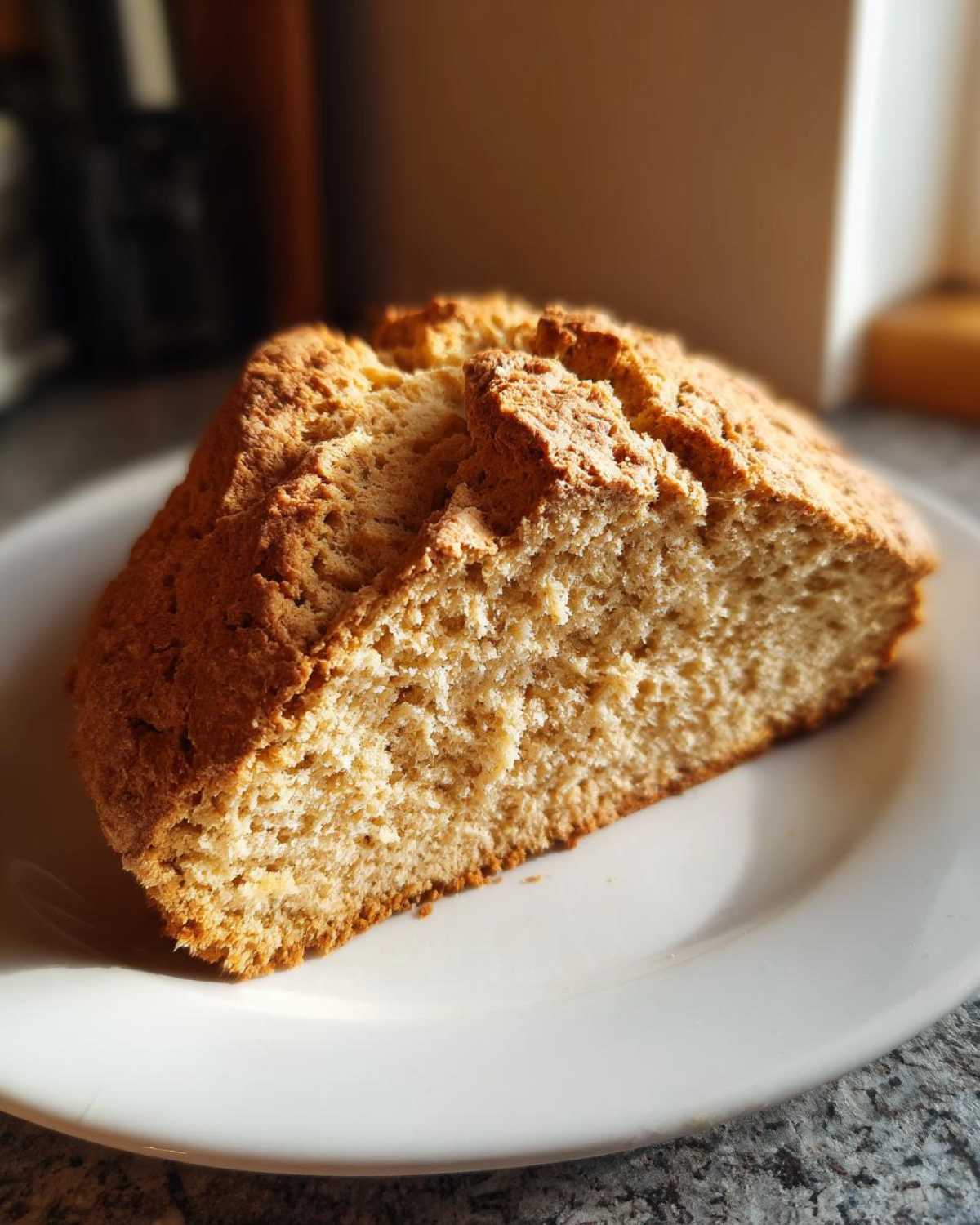 A close-up of a thick slice of golden brown soda bread showing its crumb texture, served on a white plate.