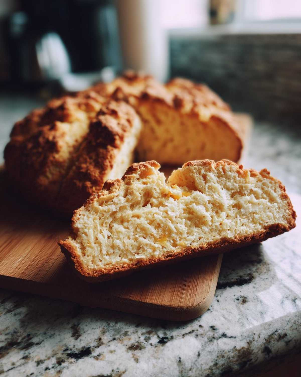 A slice of freshly baked soda bread showing its soft, fluffy interior next to the main loaf on a wooden board.