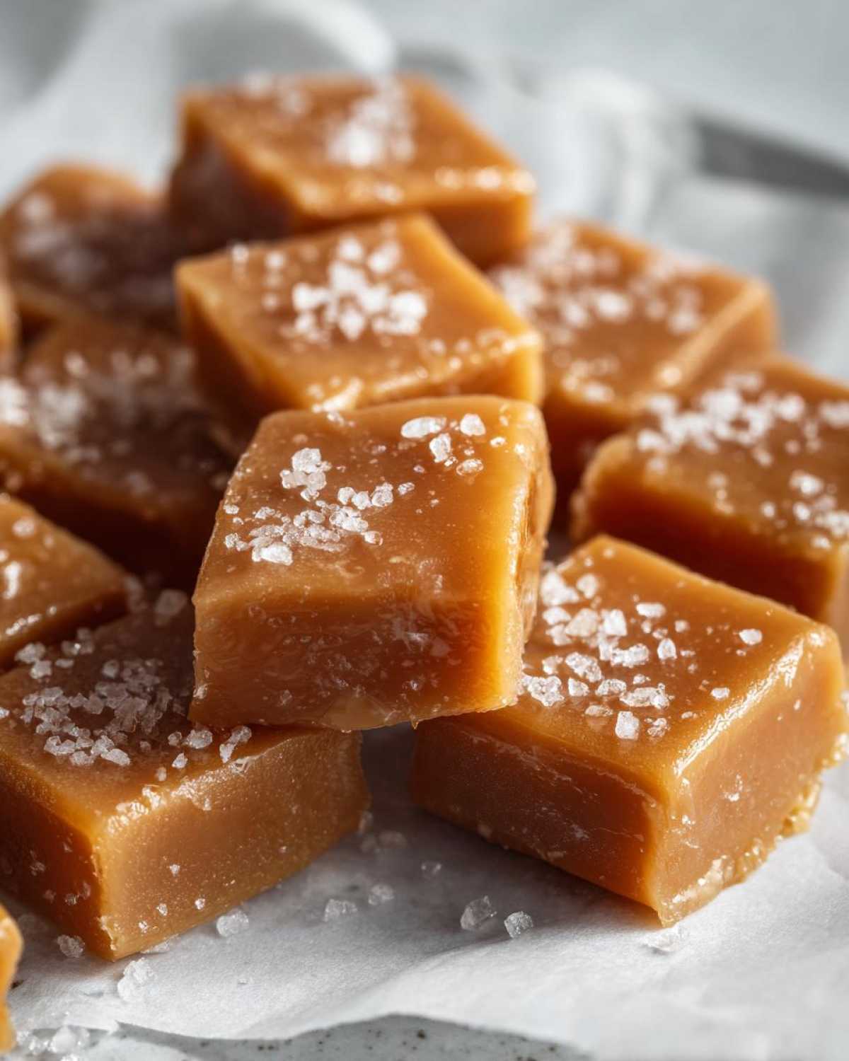A pile of soft, square caramels sprinkled with flaky sea salt, ready to eat.
