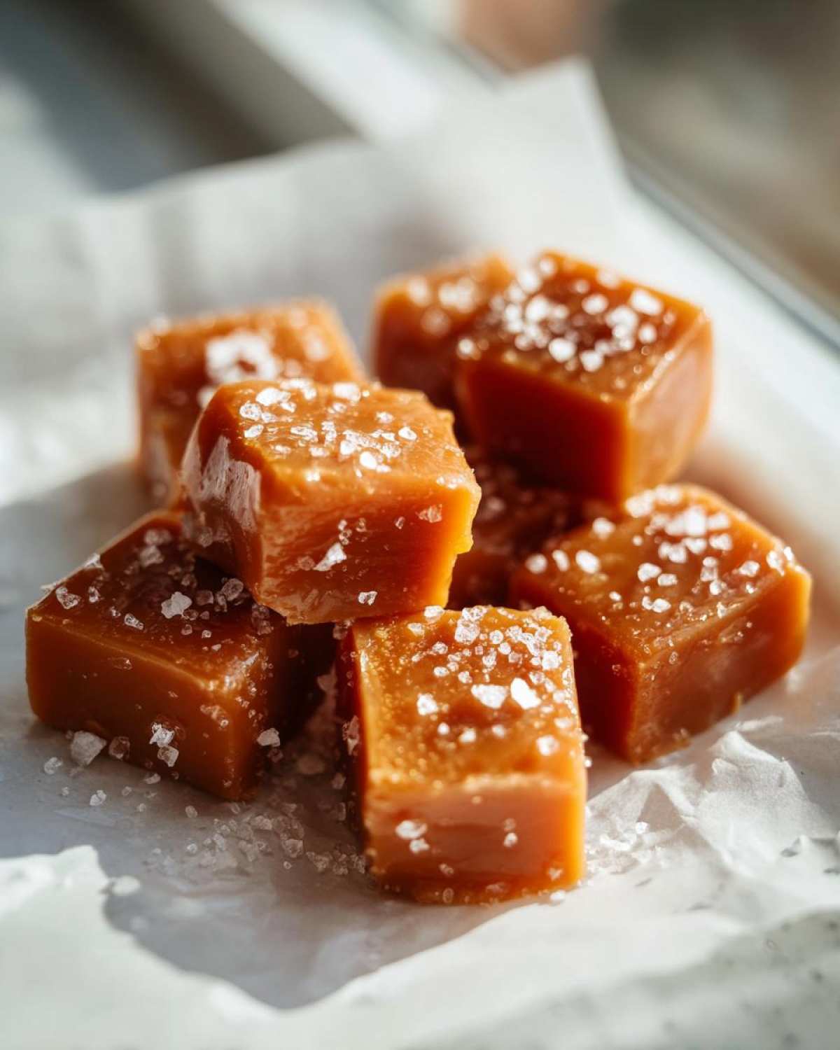 Close-up of soft, square caramels sprinkled generously with flaky sea salt on white parchment paper.