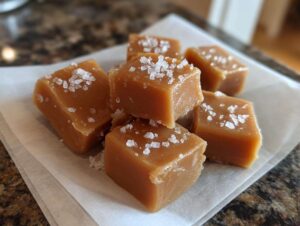Close-up of several soft, square caramels sprinkled with flaky sea salt, resting on parchment paper.