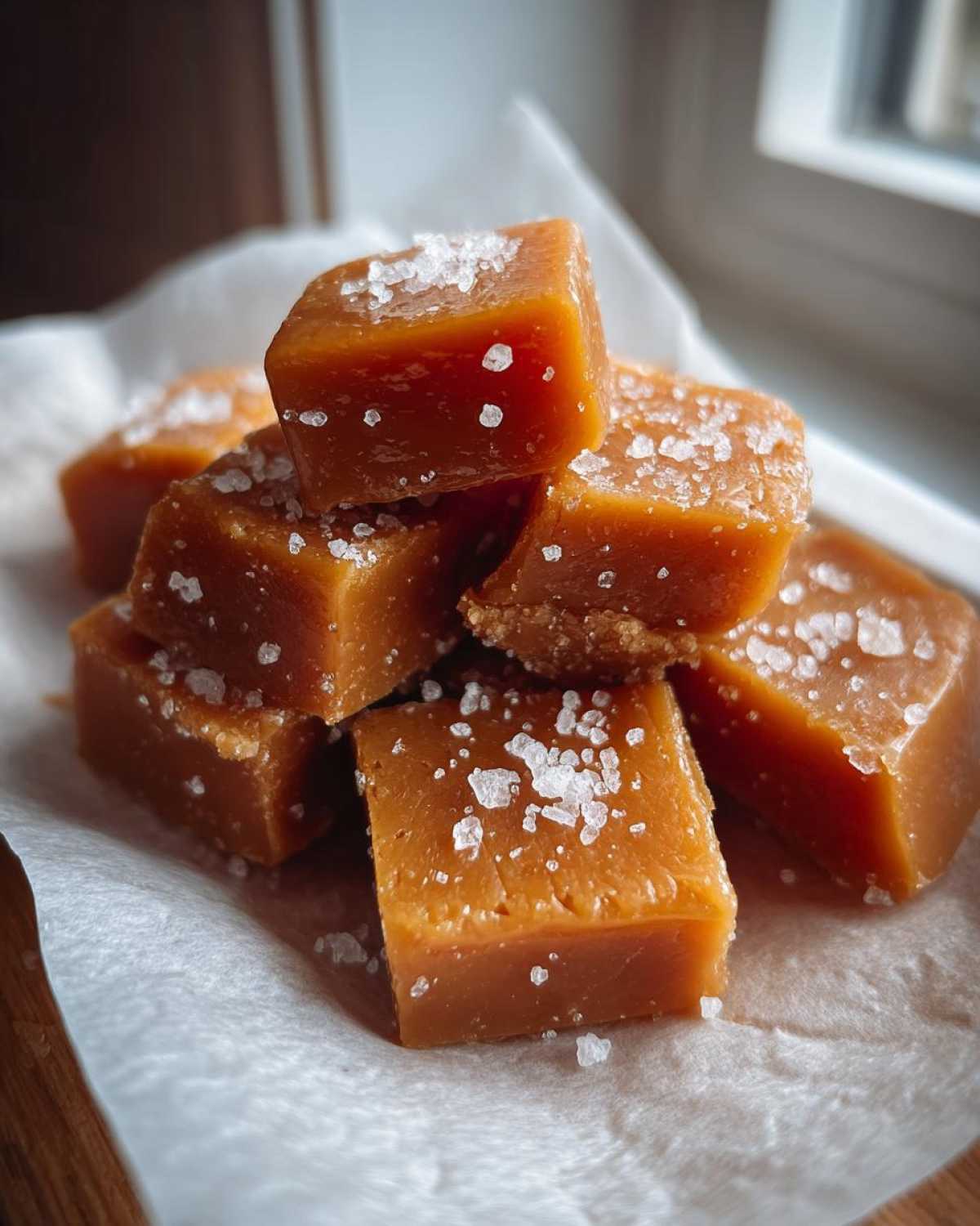 A close-up stack of soft, chewy caramels topped with flaky sea salt, perfect for a low-calorie treat.