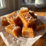A pile of soft, square, golden-brown caramels sprinkled generously with flaky sea salt.