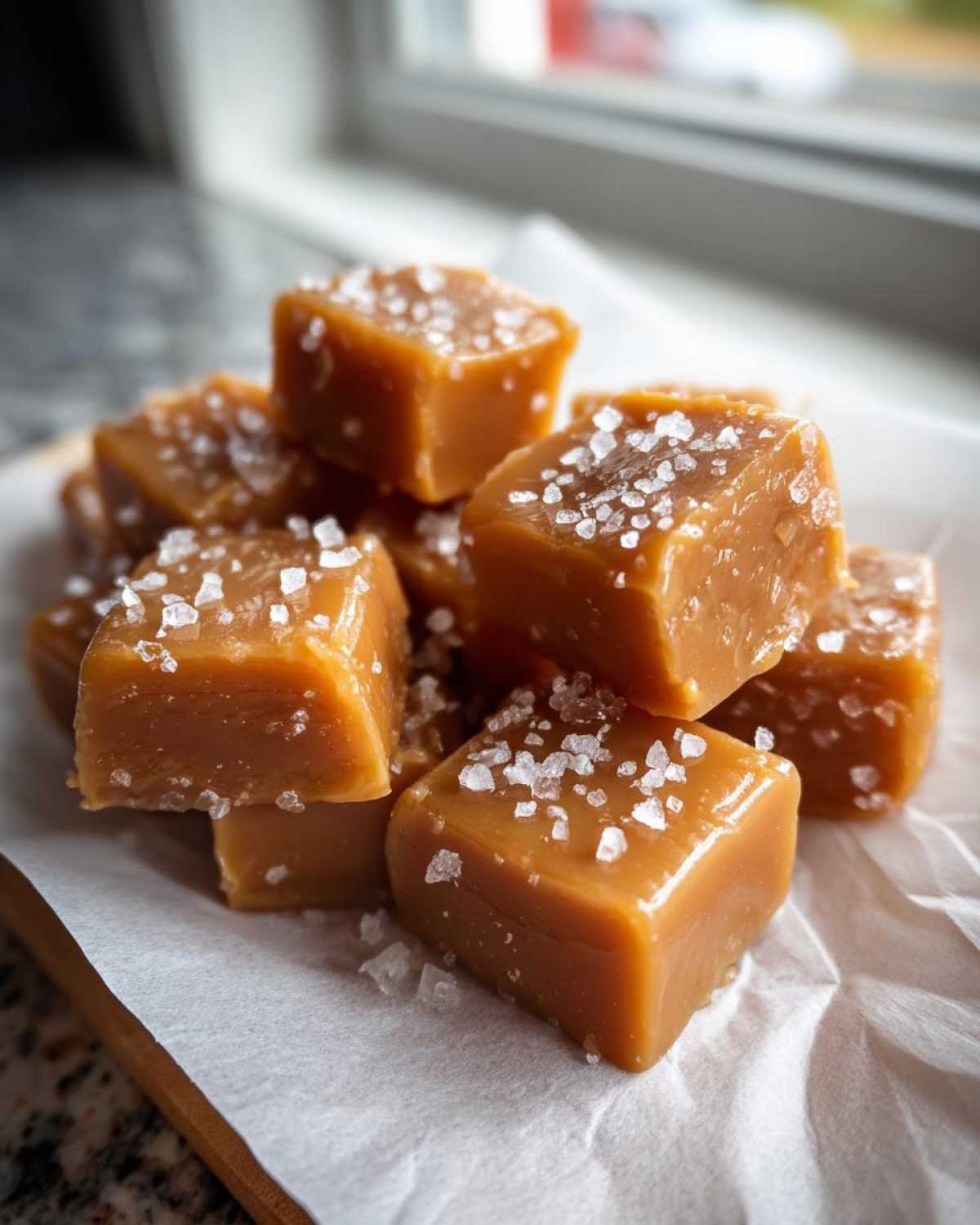 A stack of soft, chewy, sea salt caramels glistening on white parchment paper.