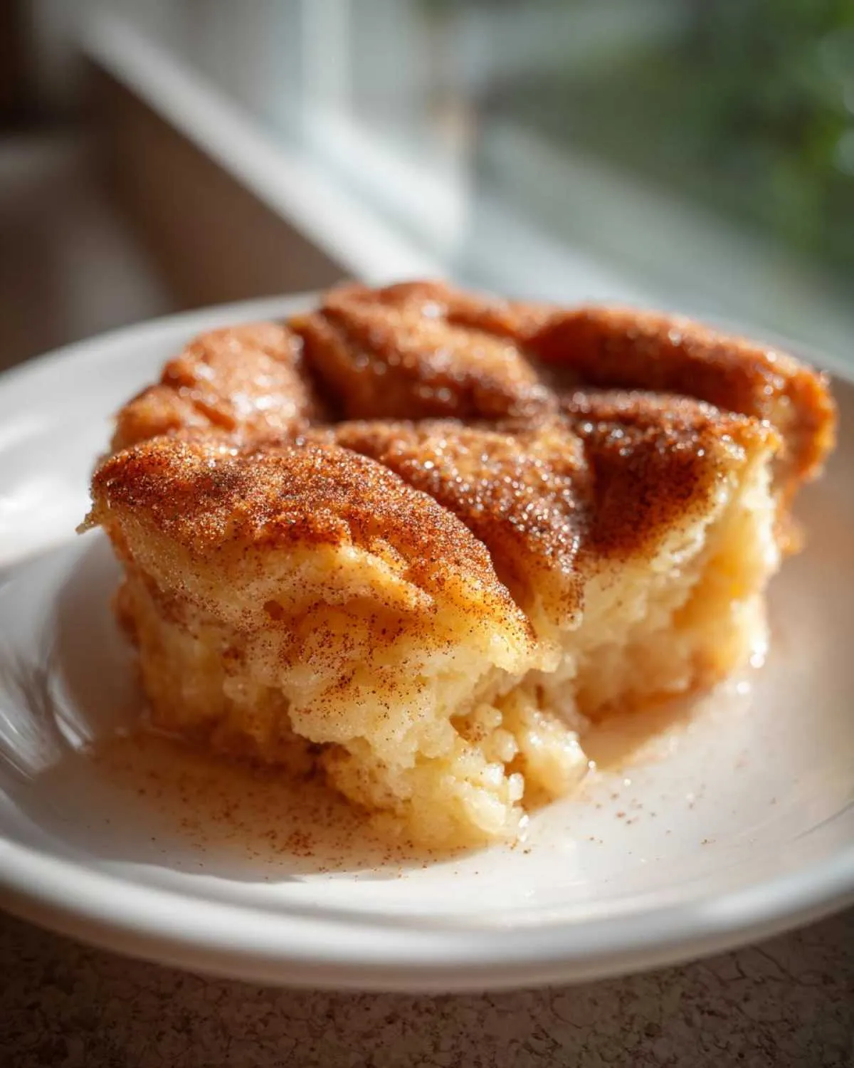 A close-up shot of a warm, soft portion of snickerdoodle cobbler topped with cinnamon sugar, sitting on a white plate.