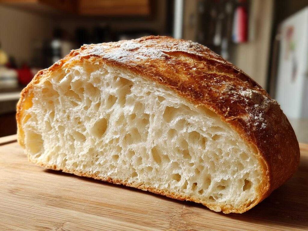 Close-up of a freshly baked sourdough sandwich bread loaf, showing a soft, open crumb structure and golden crust.