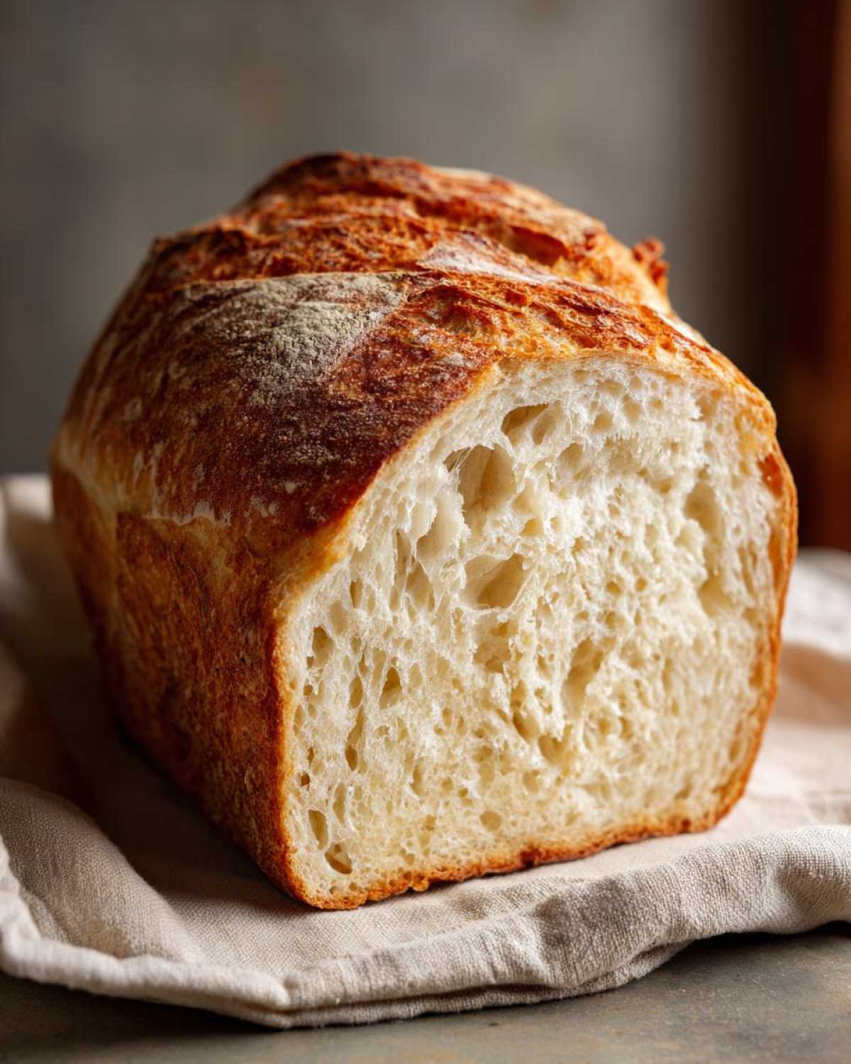 Close-up of a loaf of sourdough sandwich bread, showing the golden crust and soft, airy interior crumb.