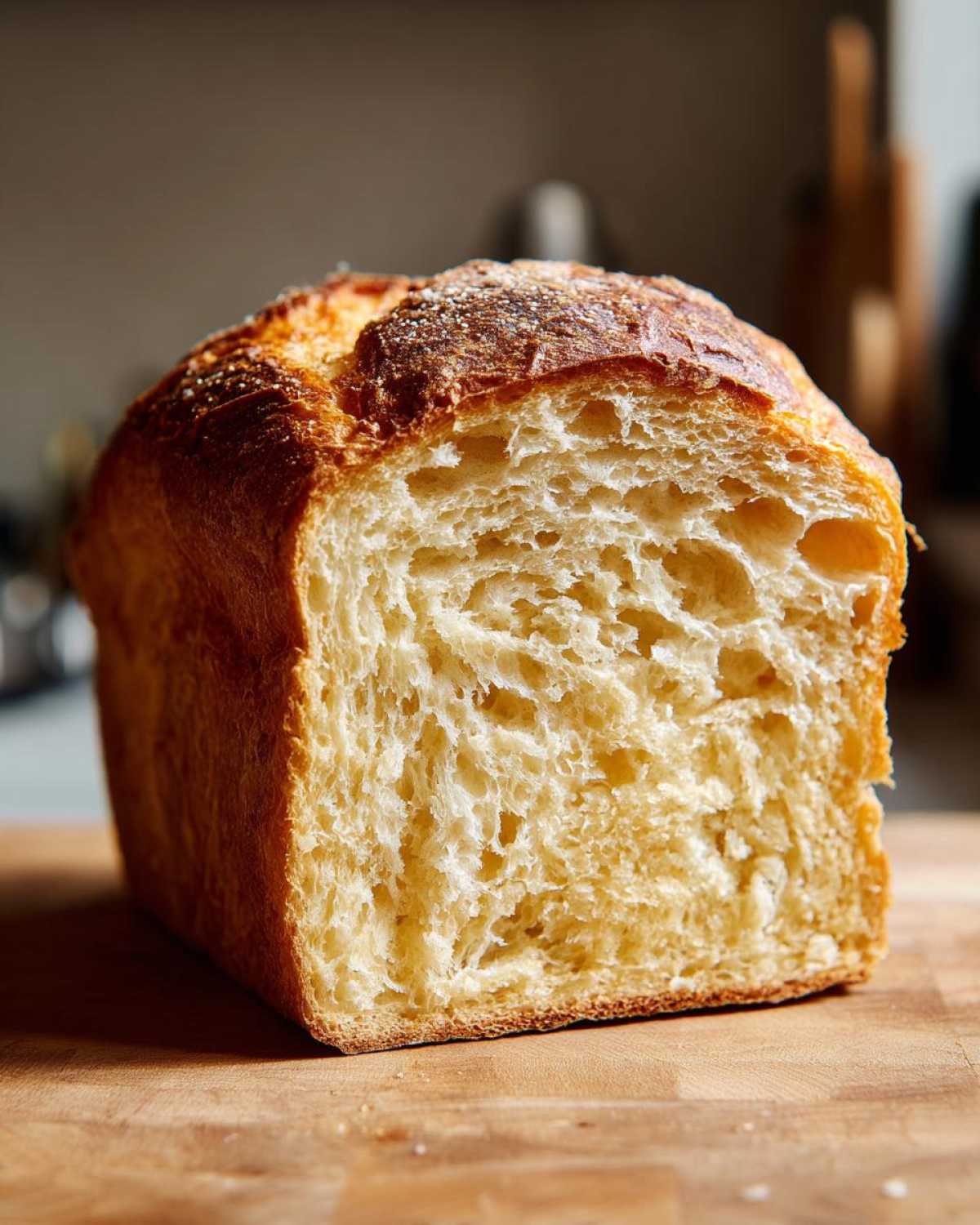 Close-up of a freshly baked sourdough sandwich bread loaf cut in half, showing a soft, airy, and yellow-tinged crumb.