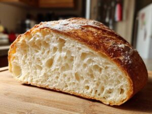 Close-up of a freshly baked sourdough sandwich bread loaf, showing a soft, open crumb structure and golden crust.