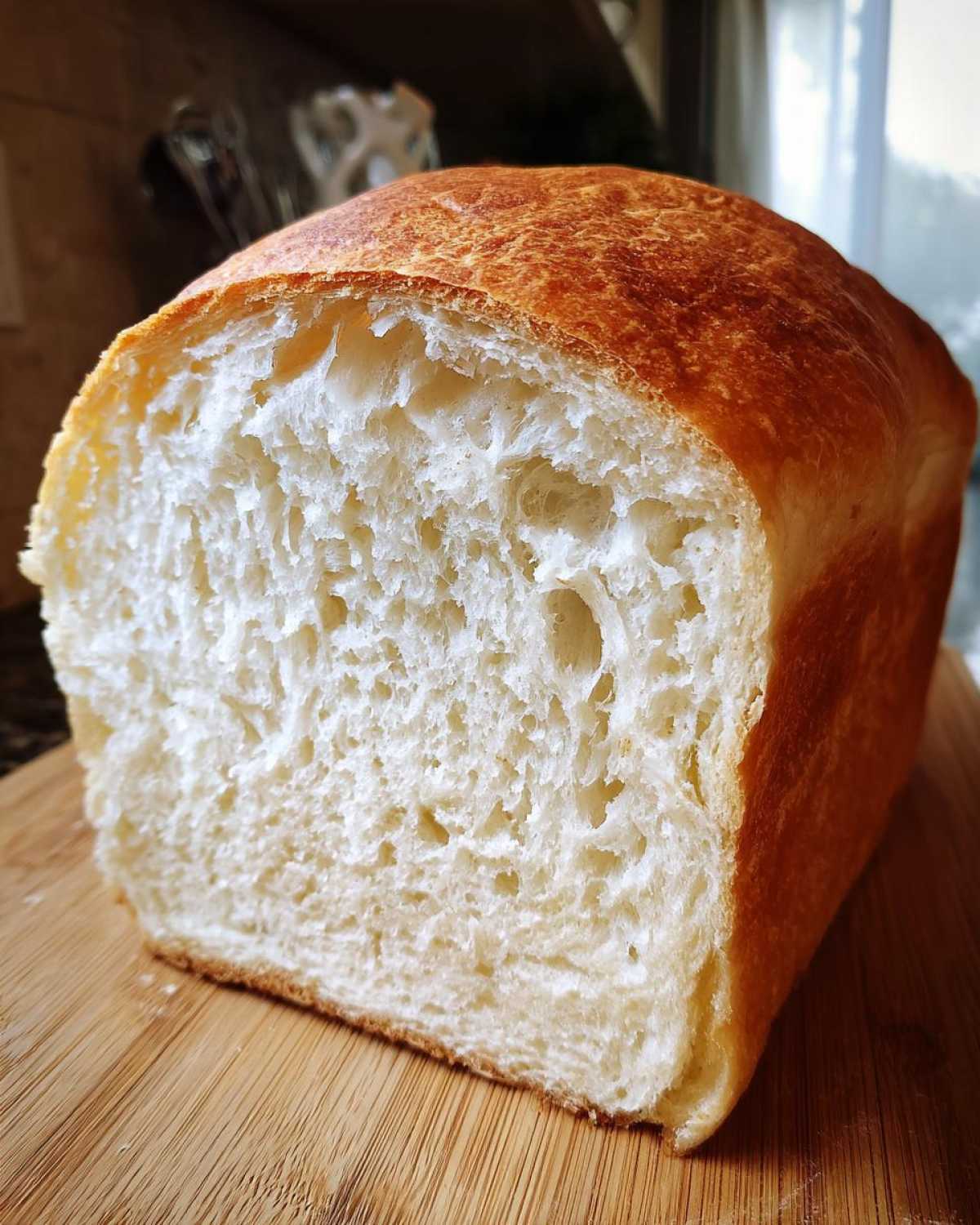 Cross-section of a soft sourdough sandwich bread loaf showing a fine, white, fluffy crumb structure.