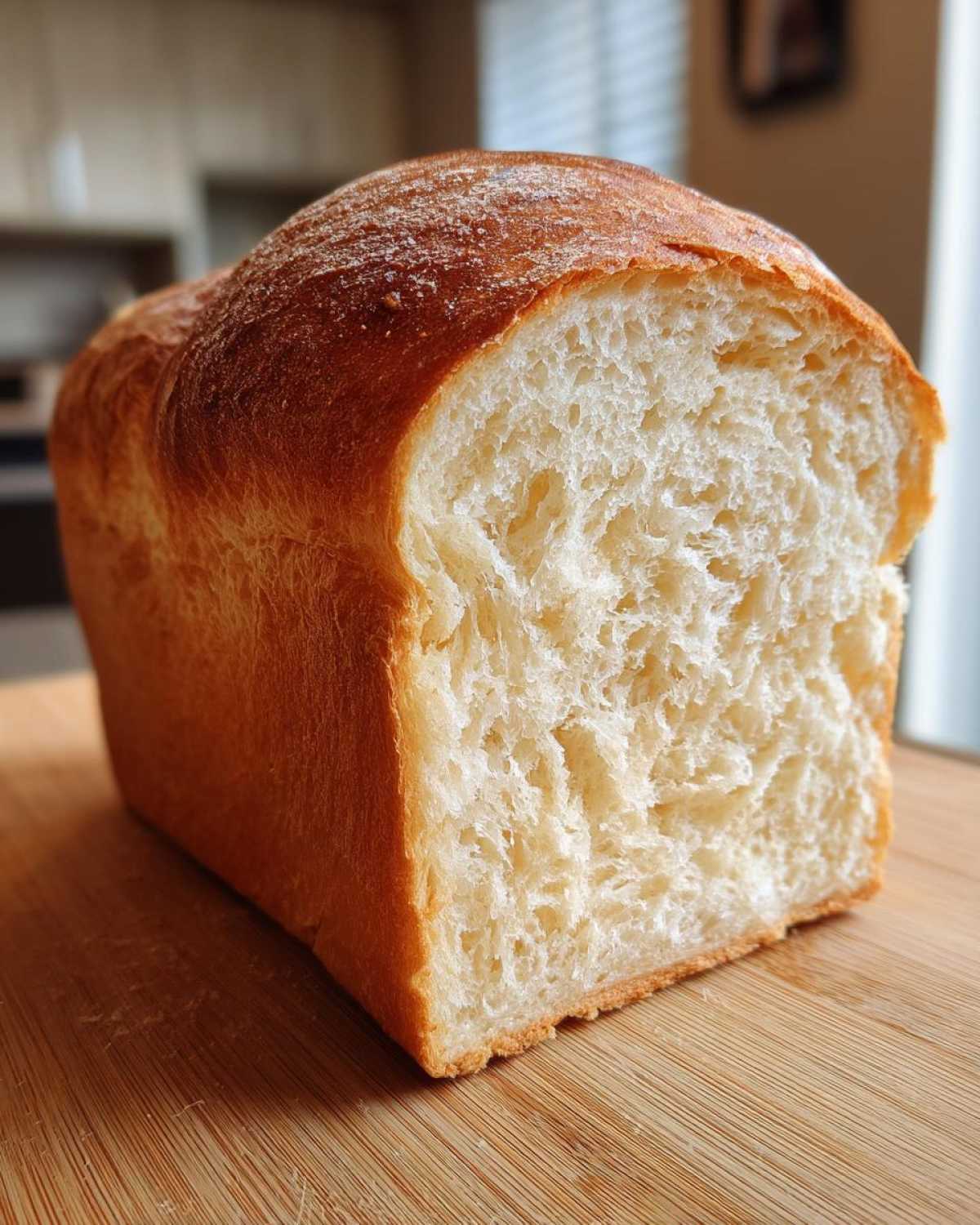 A freshly baked, soft sourdough sandwich bread loaf cut in half, showing its fluffy interior crumb.