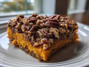 A close-up of a square slice of southern sweet potato casserole topped with a crunchy pecan streusel.