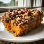 A close-up of a rich, orange slice of southern sweet potato casserole topped with a crunchy pecan streusel.