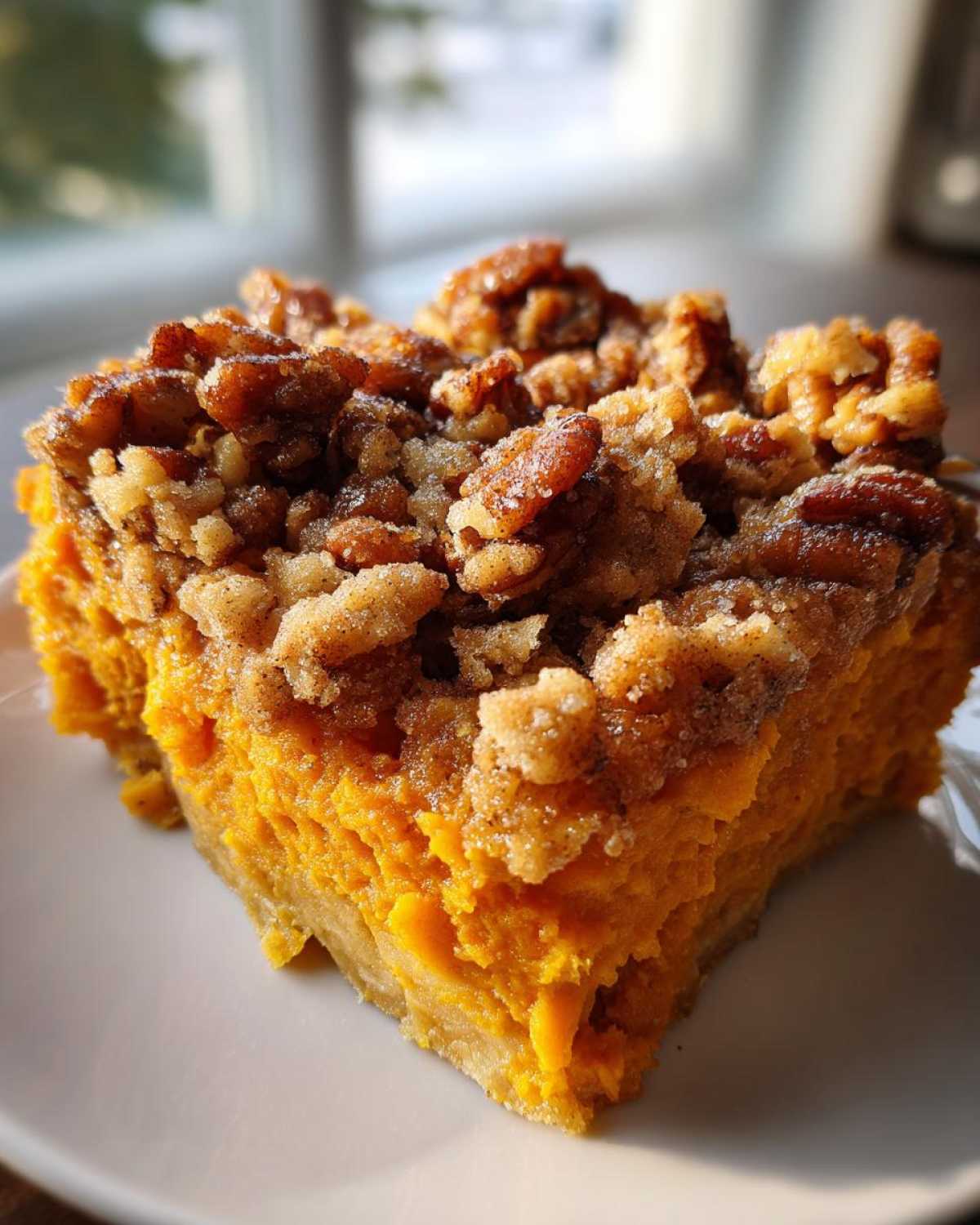Close-up of a rich orange slice of southern sweet potato casserole topped with a crunchy pecan crumble.