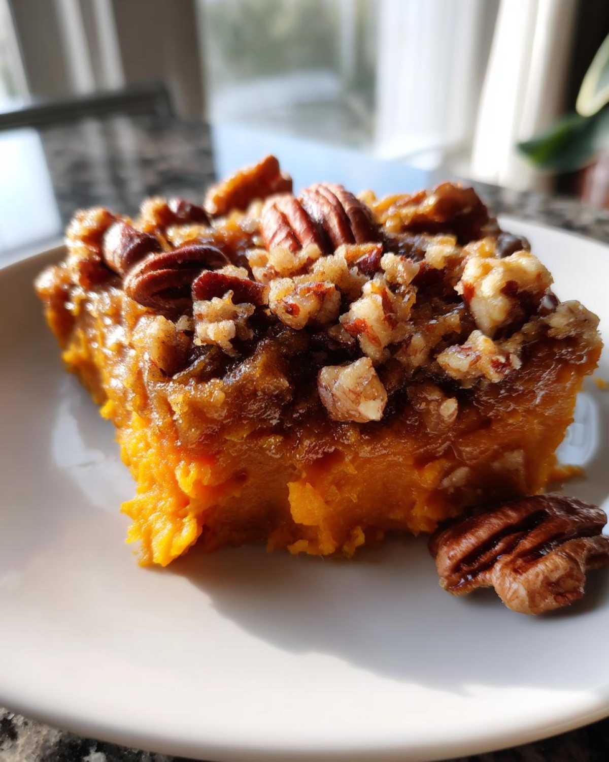 A close-up, sunlit serving of southern sweet potato casserole topped generously with crunchy pecans.