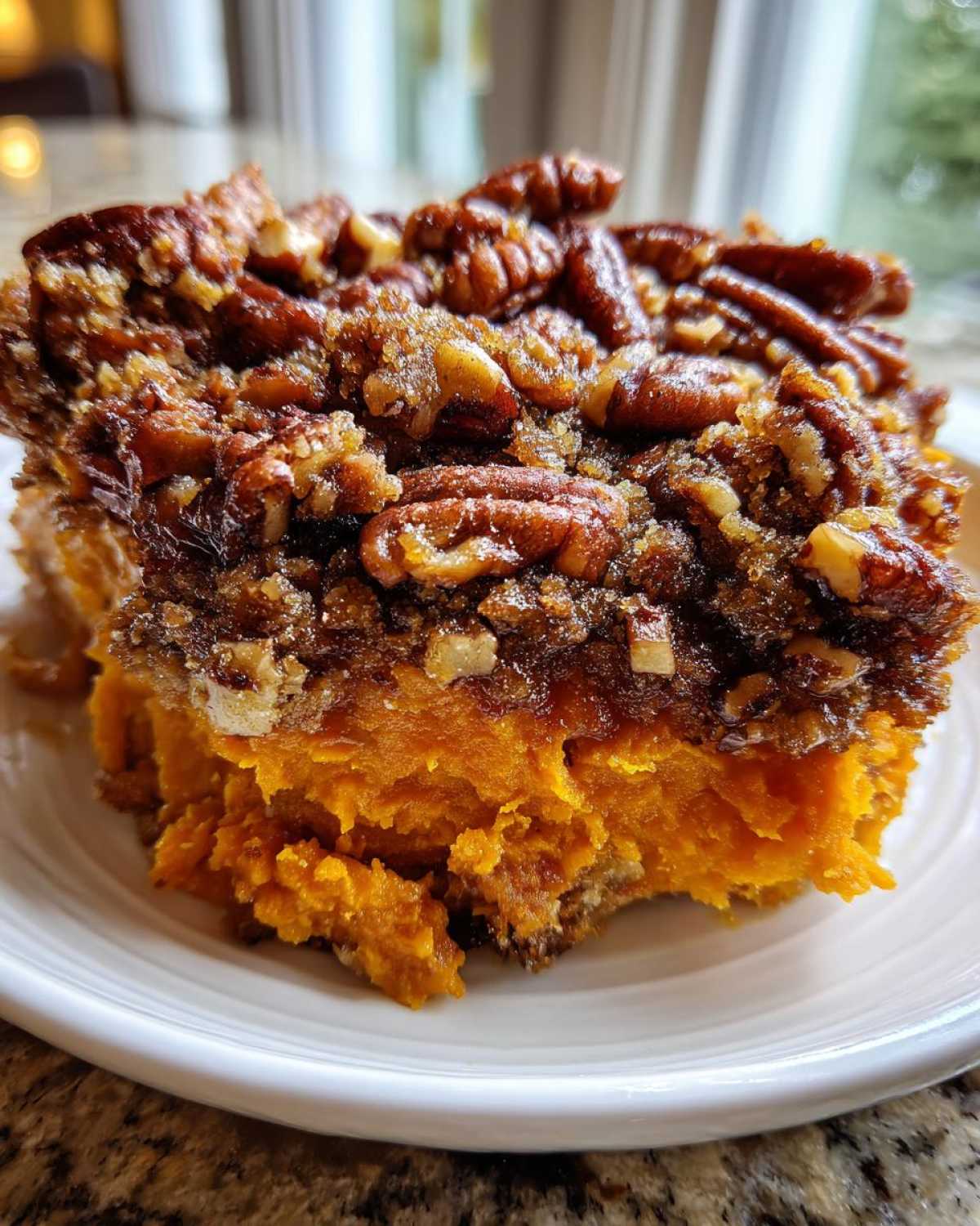 Close-up of a serving of southern sweet potato casserole featuring a bright orange base and a thick, crunchy pecan topping.