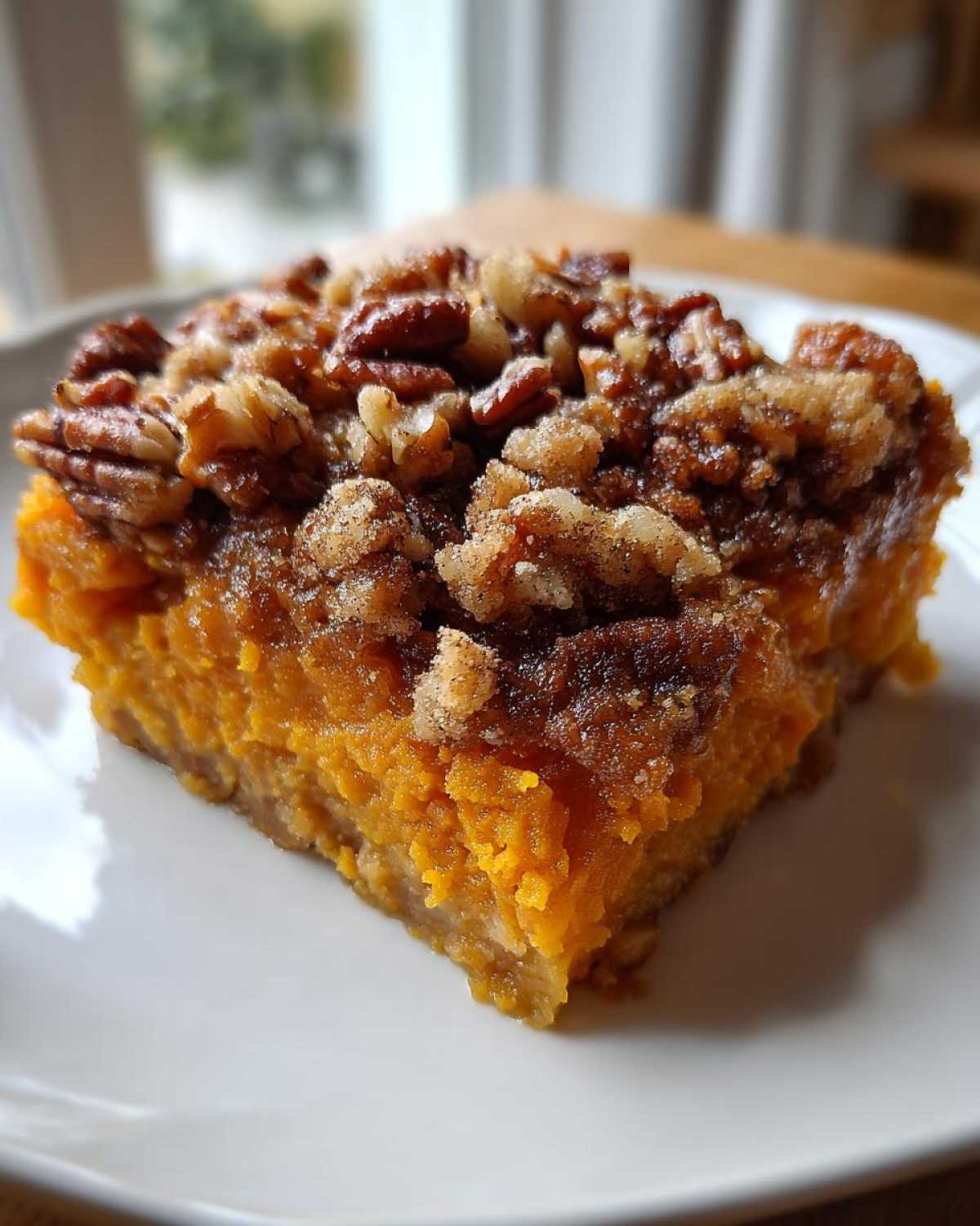 A close-up of a square slice of rich, orange southern sweet potato casserole topped with a brown sugar and pecan crumble.