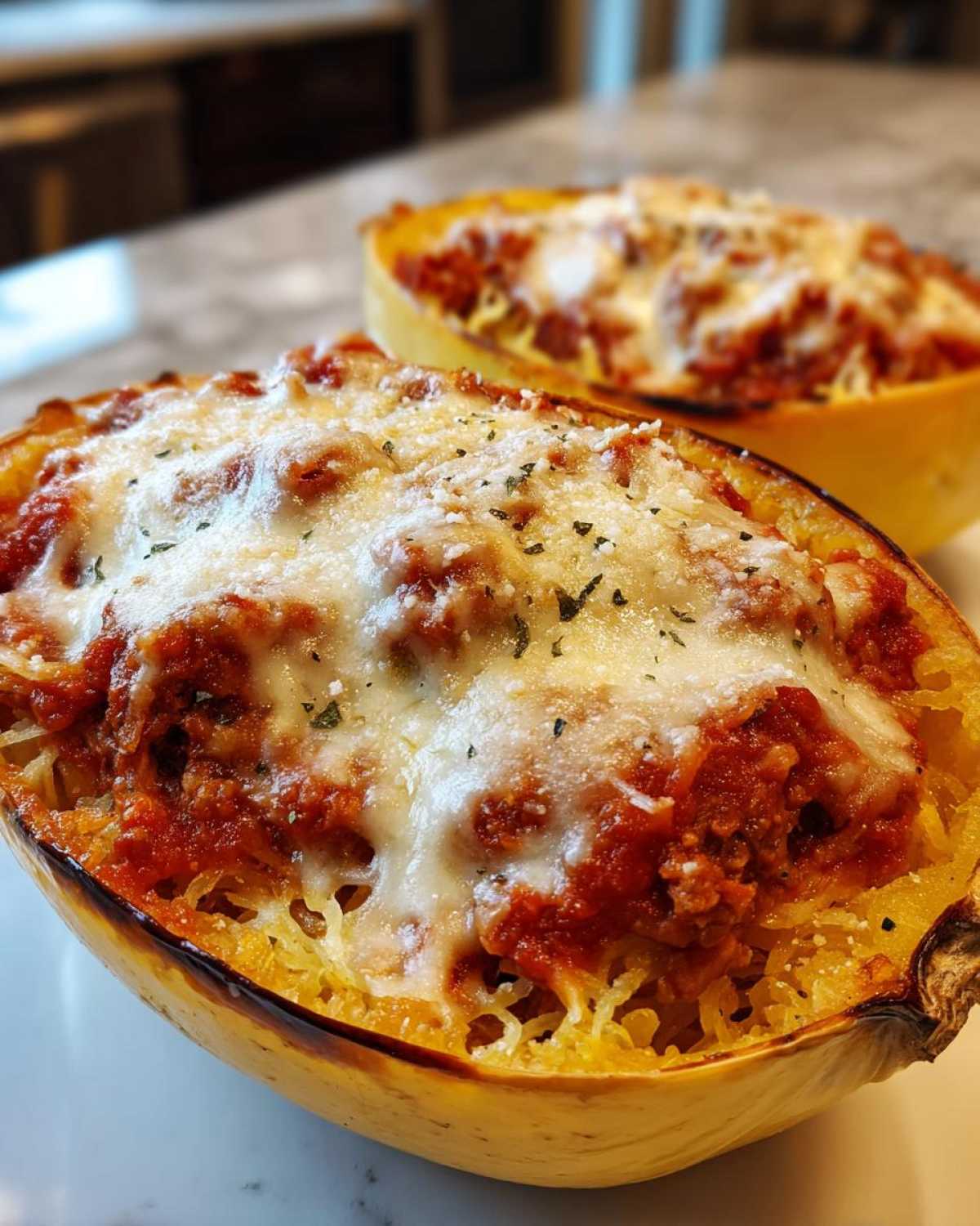 Close-up of baked spaghetti squash lasagna served in the squash halves, topped with melted cheese.