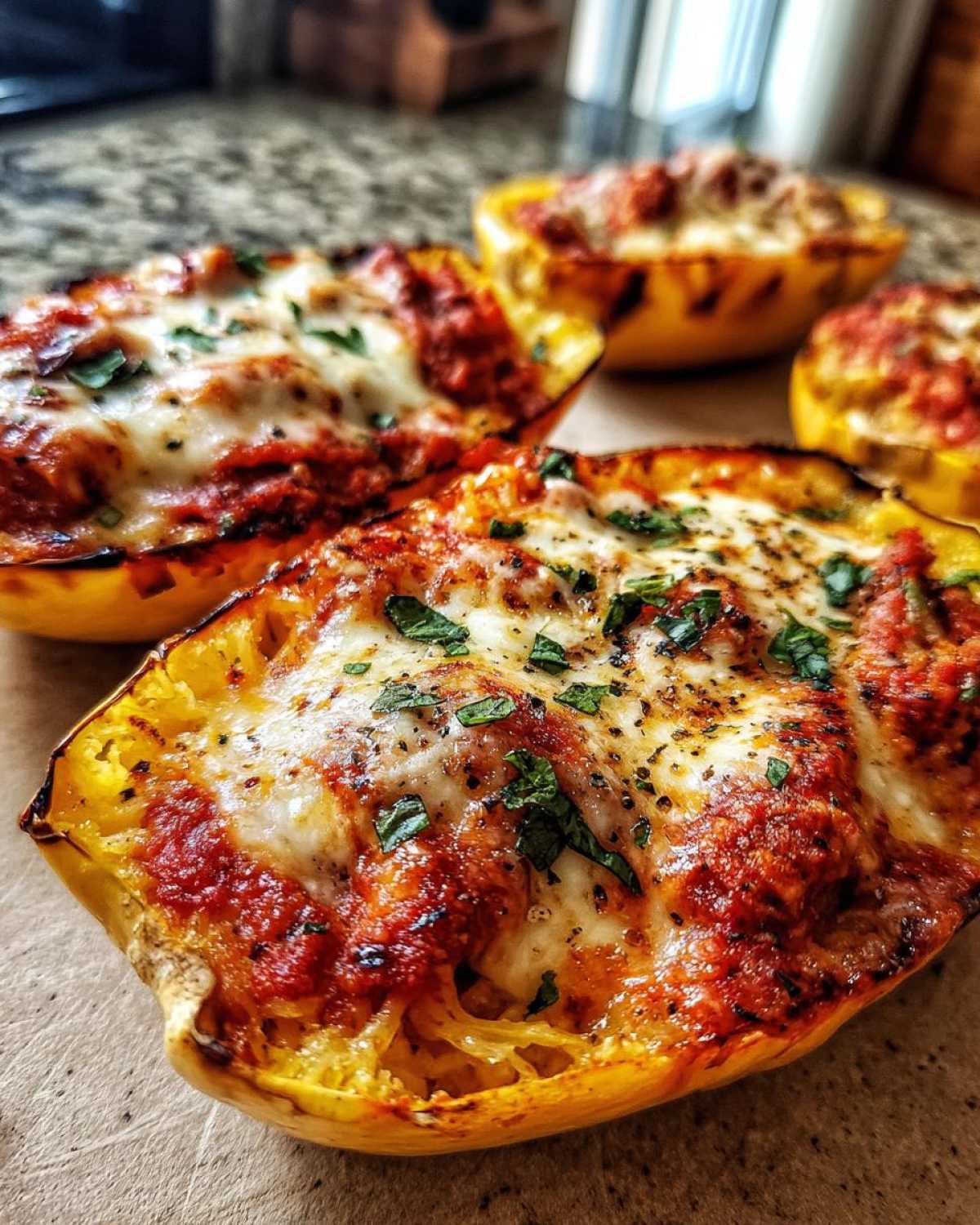 Close-up of baked spaghetti squash lasagna halves topped with melted mozzarella and fresh herbs.