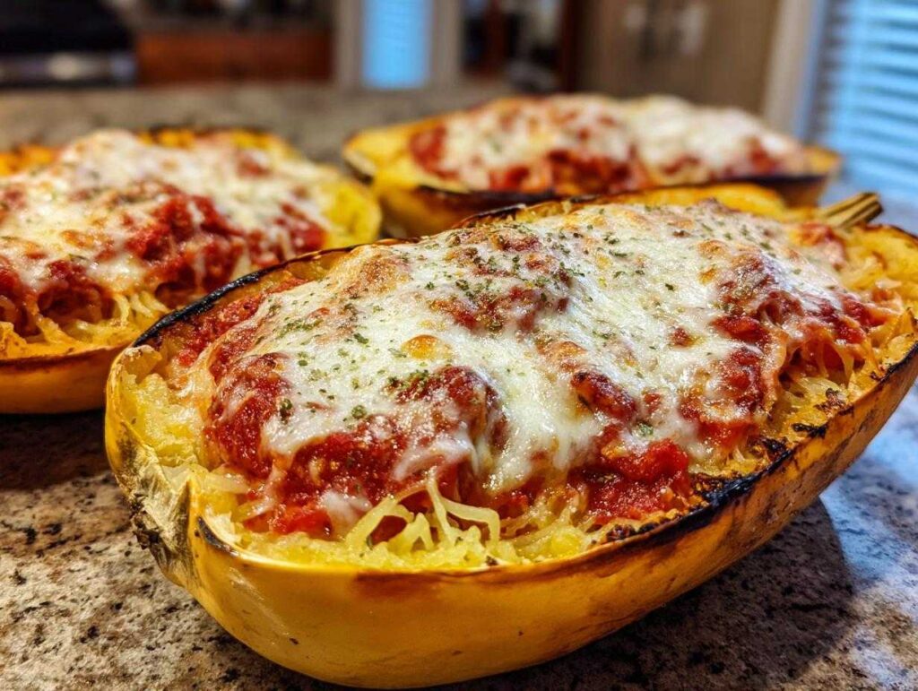 Three baked halves of spaghetti squash lasagna topped with melted mozzarella cheese and herbs.