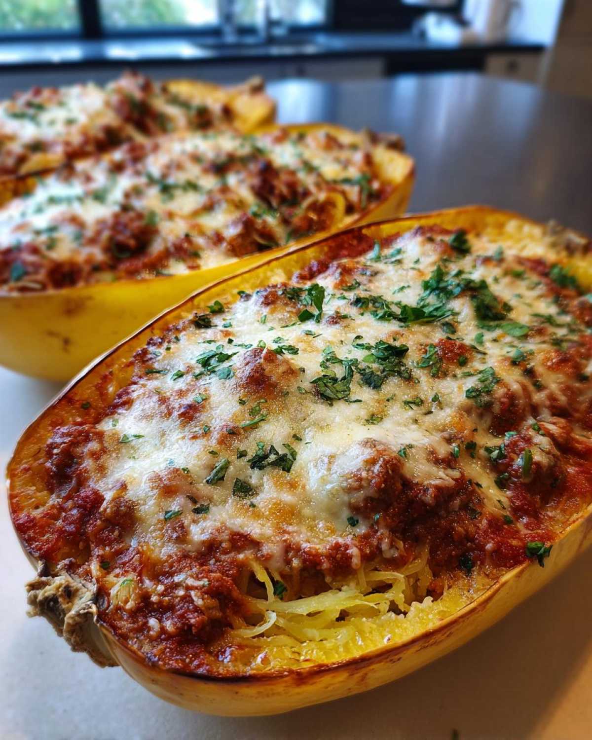 Close-up of baked spaghetti squash lasagna served in the hollowed-out squash shells, topped with melted cheese and parsley.
