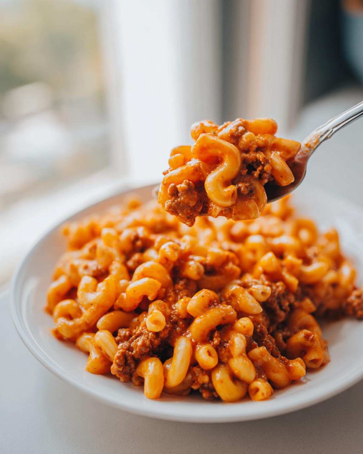 A spoonful of creamy, cheesy taco pasta with ground beef being lifted from a white plate.