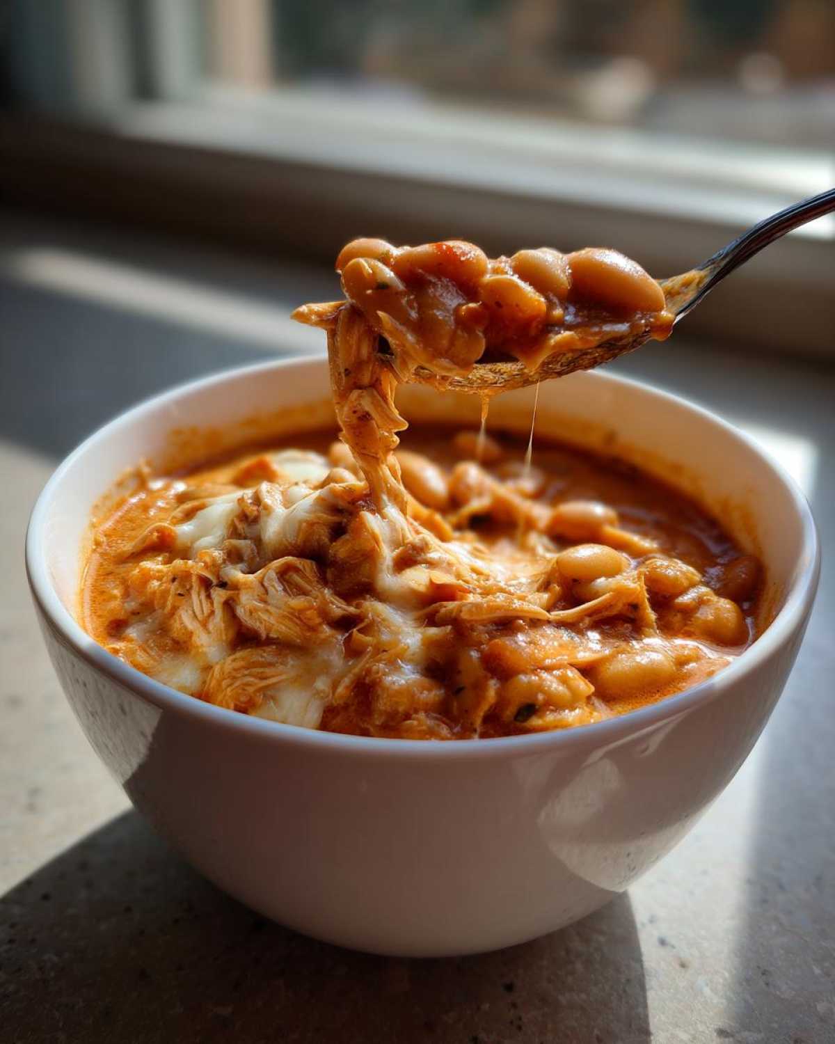 A spoonful of creamy white chicken chili, showing shredded chicken, white beans, and melted cheese being lifted from a bowl.