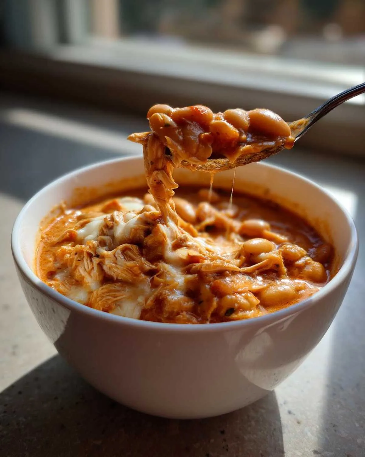 A spoonful of creamy white chicken chili, showing shredded chicken, white beans, and melted cheese being lifted from a bowl.