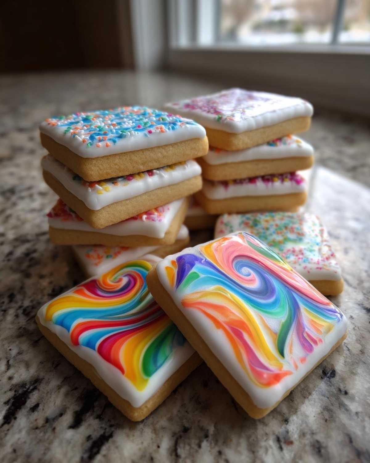 Stack of square sugar cookies topped with glossy white cookie icing, featuring rainbow swirls and sprinkles.