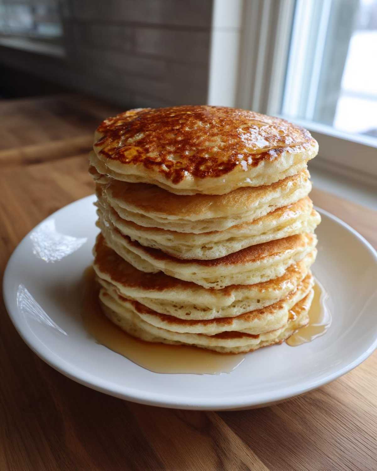 A tall stack of fluffy almond flour pancakes drizzled with syrup on a white plate.
