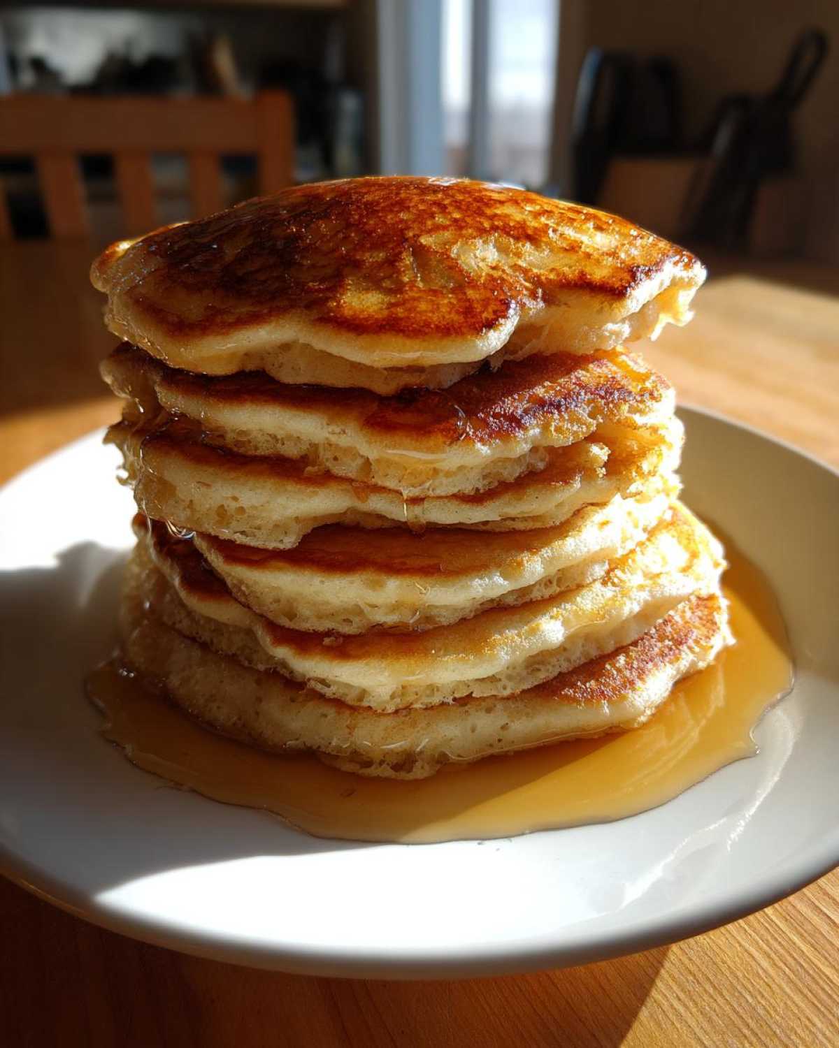 A tall stack of golden brown almond flour pancakes drizzled generously with syrup on a white plate.
