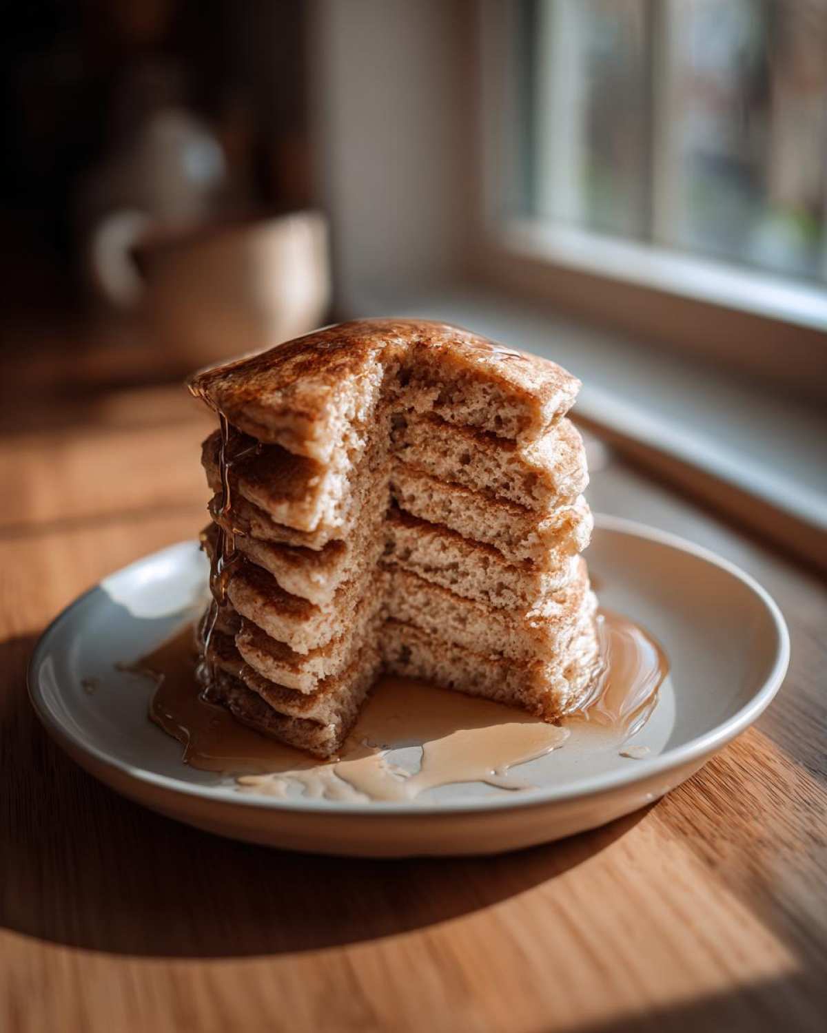 A tall stack of fluffy almond flour pancakes, cut to show the texture, drizzled generously with syrup.