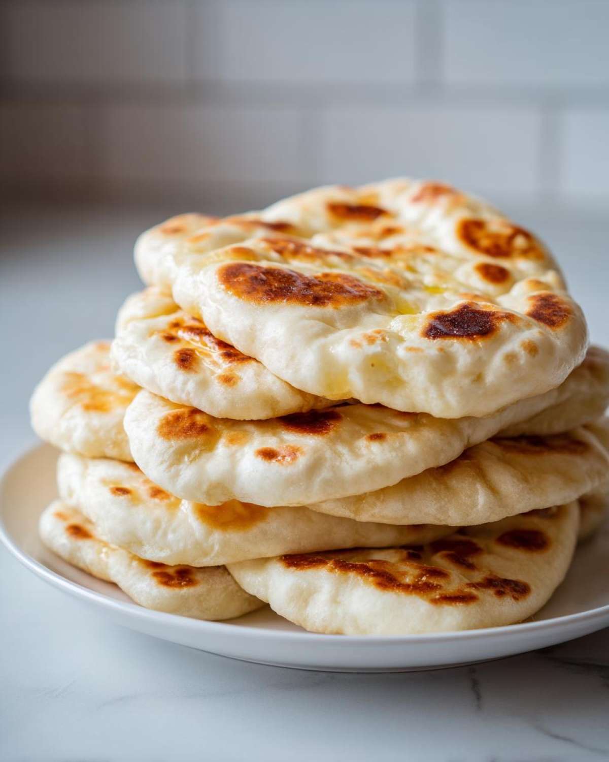 A stack of freshly cooked, fluffy naan bread rounds brushed with butter, sitting on a white plate.