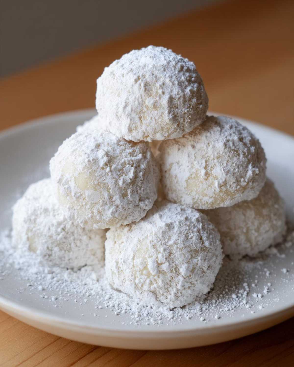 A close-up stack of freshly baked Russian tea cakes heavily dusted with powdered sugar on a light plate.