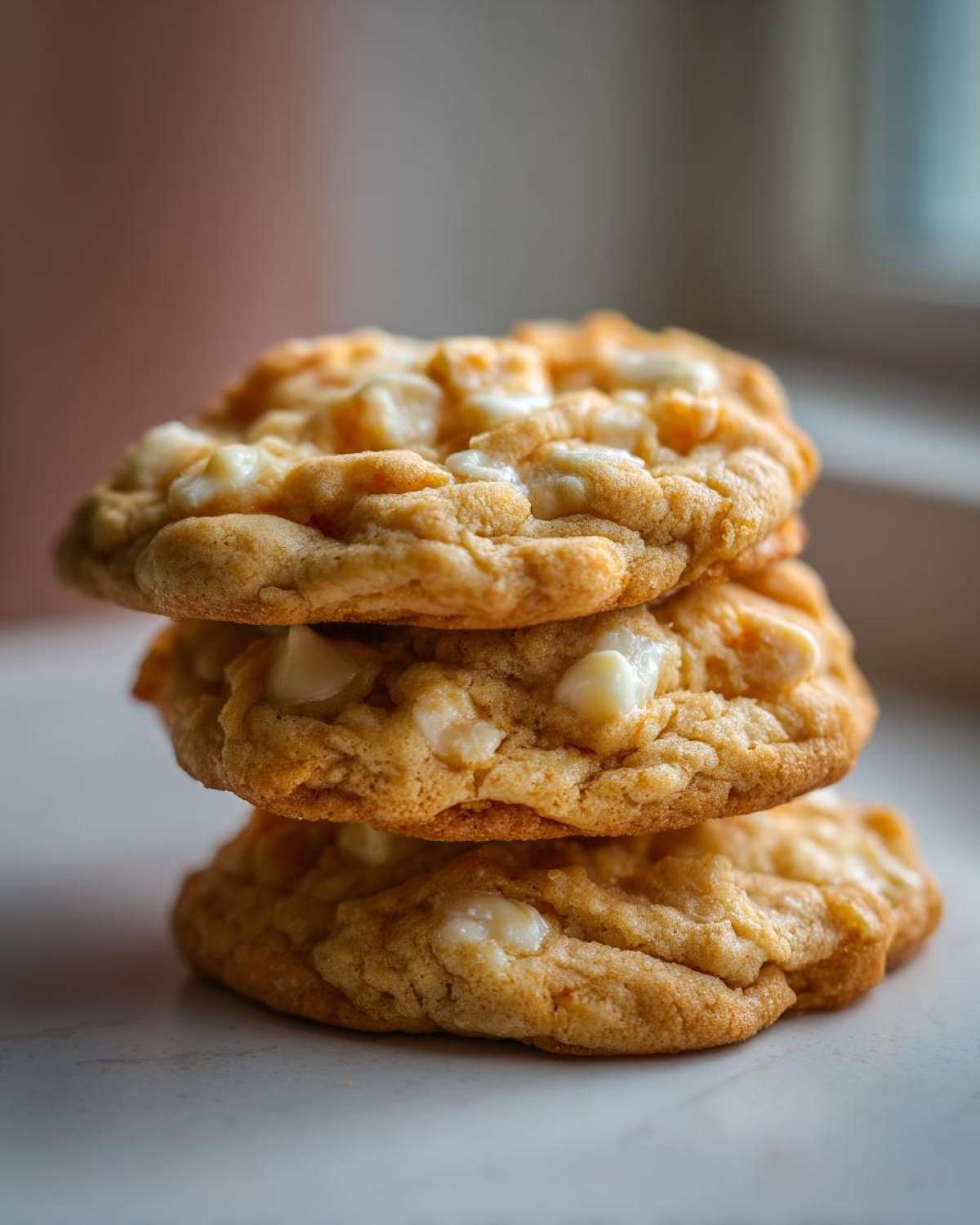 A close-up stack of three golden brown white chocolate macadamia nut cookies, featuring visible white chocolate chips.