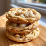A stack of three freshly baked white chocolate macadamia nut cookies resting on a wooden cutting board.