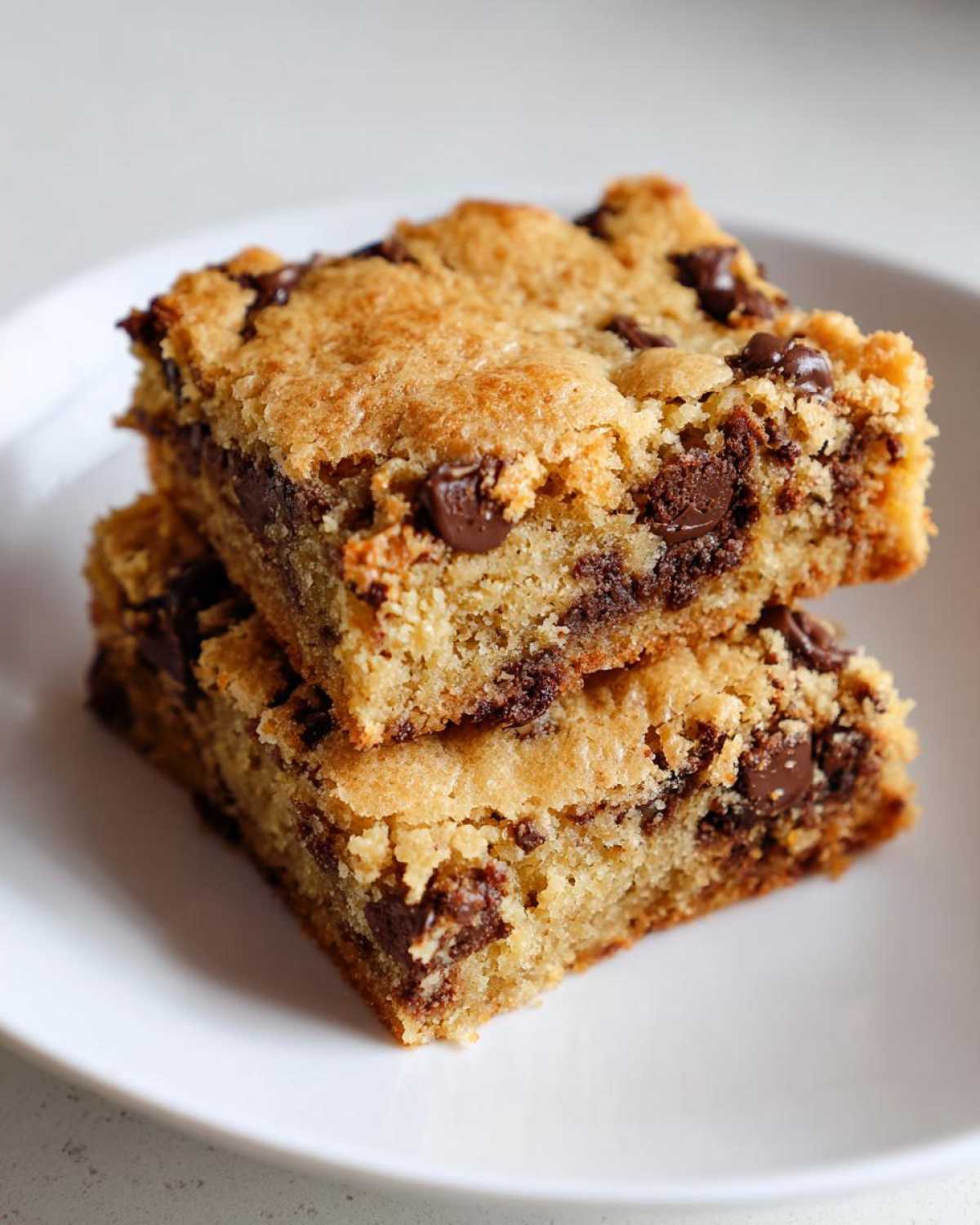 Two stacked, thick chocolate chip cake mix cookie bars with gooey centers on a white plate.
